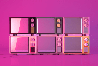pink background with multiple TVs