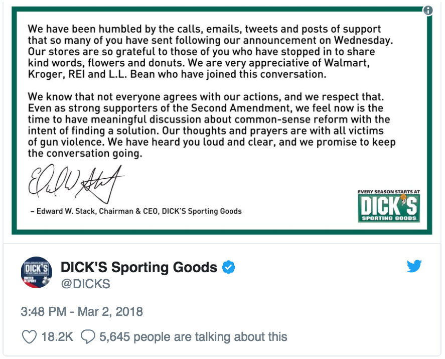 Dick's Sporting Goods NRA Gun Statement Parkland Shooting