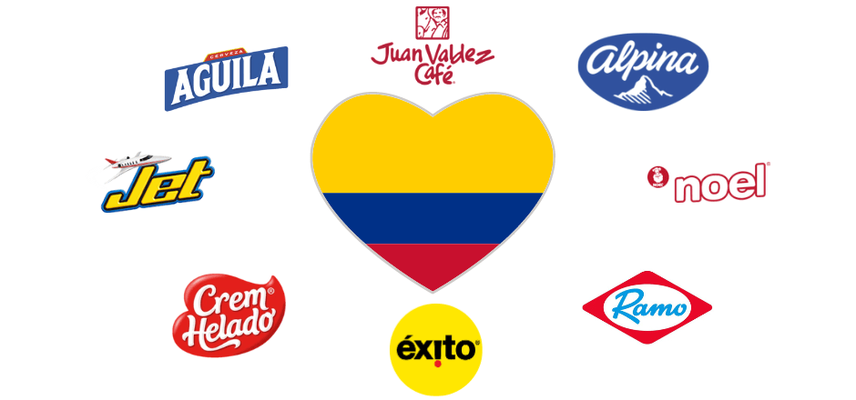 Heart with the colors of Colombian flag surrounded by logos for Juan Valdez, Alpina, Colombiana, Noel, Ramo, El Éxito, Crem Helado, Arturo Calle, Jet, and Aguila