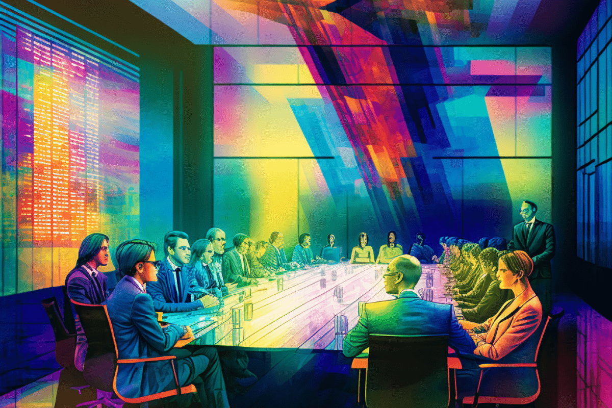 Illustration of a colorful dynamic board room | Art created by Ketzirah Lesser using Midjourney AI